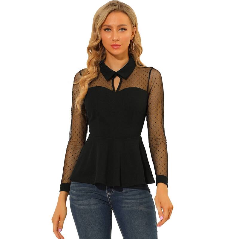 アレグラ ケー レディース トップス シャツ メッシュ シアー ダウン ブラウス ALLEGRA K Women's Mesheer Long Sleeve Blouse Turn Down Collar Keyhole Peplum Top Black ブラック｜ReVida 店