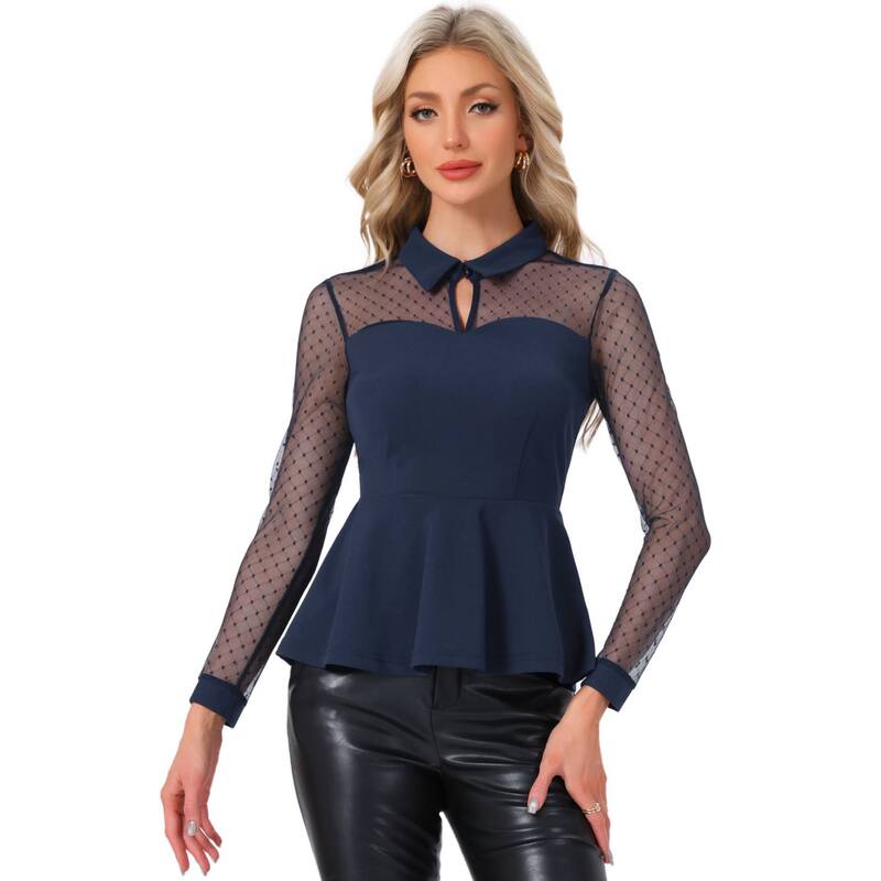 アレグラ ケー レディース トップス シャツ メッシュ シアー ダウン ブラウス ALLEGRA K Women's Mesheer Long Sleeve Blouse Turn Down Collar Keyhole Peplum Top Dark Blue ブルー｜ReVida 店