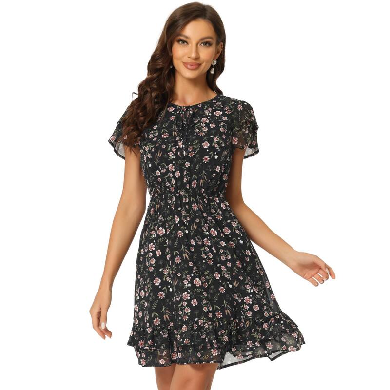 アレグラ ケー レディース トップス ワンピース Vネック シフォン フラワー柄 フリル フラワー ALLEGRA K Women's Ruffled Sleeve Self-Tie V Neck Above Knee Chiffon Floral Ruffle Dress Black ブラック｜ReVida 店