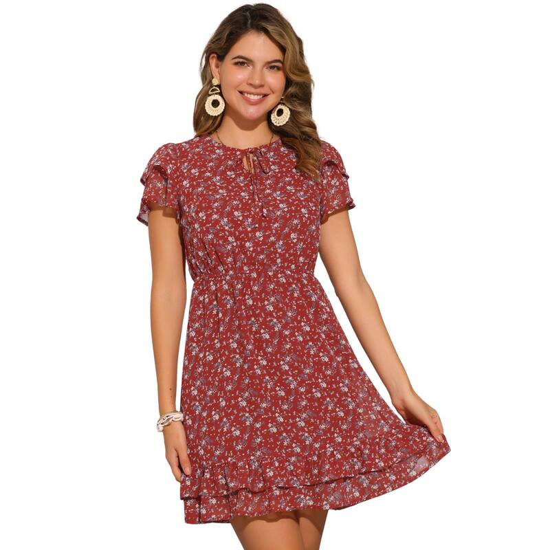 アレグラ ケー レディース トップス ワンピース Vネック シフォン フラワー柄 フリル フラワー ALLEGRA K Women's Ruffled Sleeve Self-Tie V Neck Above Knee Chiffon Floral Ruffle Dress Burgundy バーガンディ|ReVida 店
