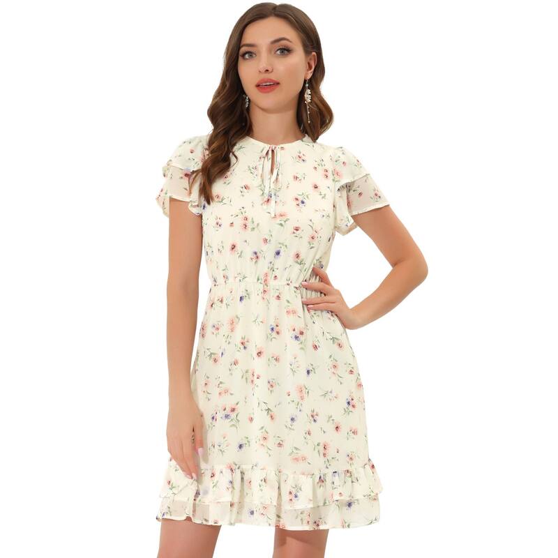 アレグラ ケー レディース トップス ワンピース Vネック シフォン フラワー柄 フリル フラワー ALLEGRA K Women's Ruffled Sleeve Self-Tie V Neck Above Knee Chiffon Floral Ruffle Dress Cream White ホワイト|ReVida 店
