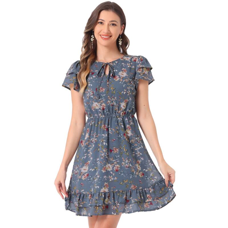 アレグラ ケー レディース トップス ワンピース Vネック シフォン フラワー柄 フリル フラワー ALLEGRA K Women's Ruffled Sleeve Self-Tie V Neck Above Knee Chiffon Floral Ruffle Dress Dusty Blue ブルー