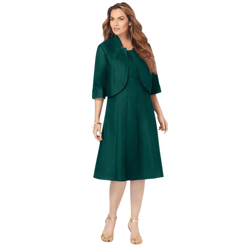 ロアマンズ レディース トップス ワンピース プラスサイズ ジャケット Roaman's Women's Plusizelbow Sleeve Fit-And-Flare Dress With Bolero Jacket 2-Piece Suit Emerald Green グリーン｜ReVida 店 23,998円