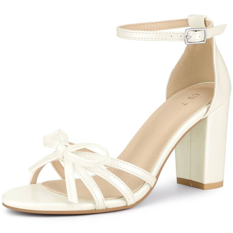 アレグラ ケー レディース シューズ パンプス サンダル アンクル ヒール ALLEGRA K Women's Bow Decor Ankle Strap Block Heelsandals White ホワイト｜ReVida 店