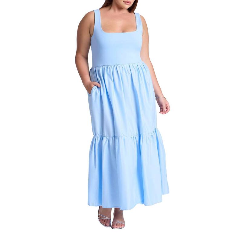 エロクイ レディース トップス ワンピース プラスサイズ ELOQUII Women's Plusize Mixed Fabric Tank Dress Light Blue ブルー|ReVida 店