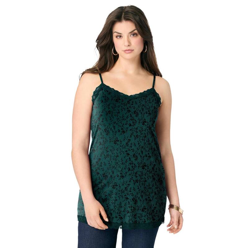ロアマンズ レディース トップス Tシャツ レーストリム プラスサイズ レース ニット Roaman's Women's Plusize Lace Trim Knit Cami With Adjustable Straps Emeralditsy Vines エメラルド｜ReVida 店