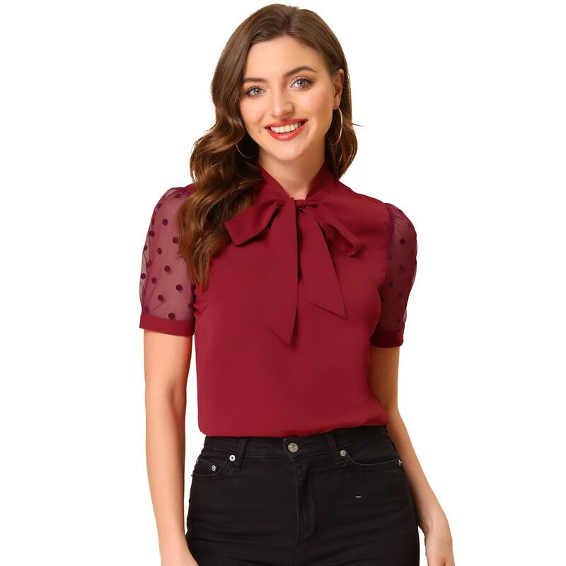 アレグラ ケー レディース トップス シャツ Vネック メッシュ ブラウス ALLEGRA K Women's Bow Tie Neck V Neck Stand Collar Short Mesh Sleeve Blouse Burgundy バーガンディ