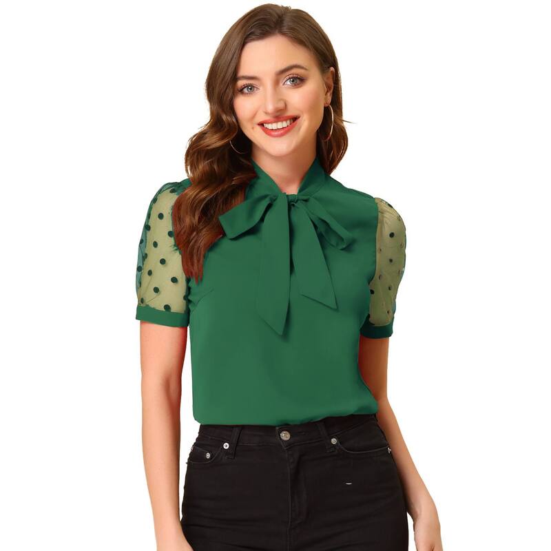 アレグラ ケー レディース トップス シャツ Vネック メッシュ ブラウス ALLEGRA K Women's Bow Tie Neck V Neck Stand Collar Short Mesh Sleeve Blouse Dark Green グリーン