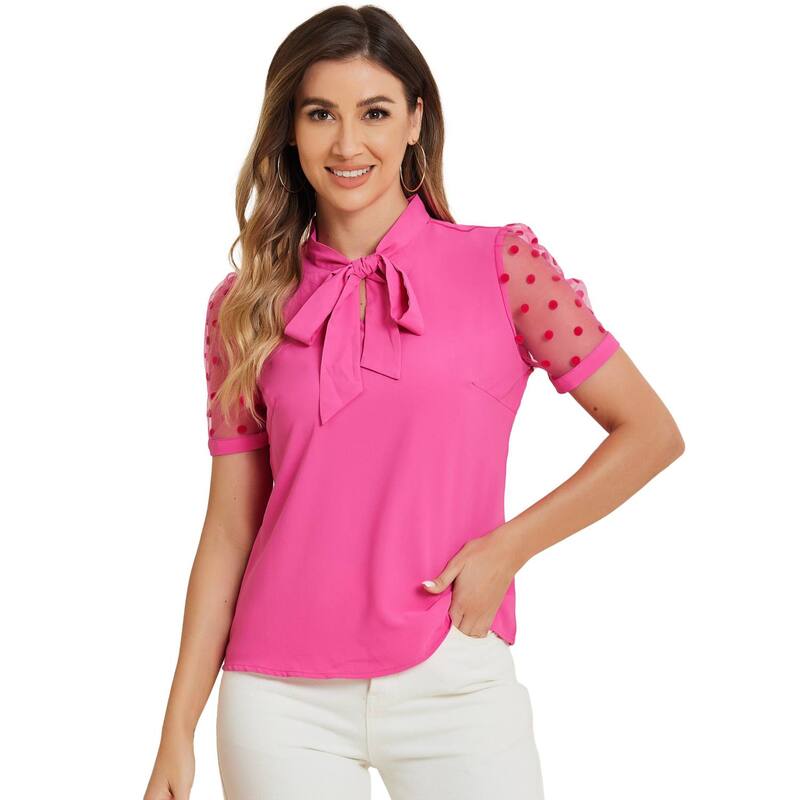 アレグラ ケー レディース トップス シャツ Vネック メッシュ ブラウス ALLEGRA K Women's Bow Tie Neck V Neck Stand Collar Short Mesh Sleeve Blouse Hot Pink ピンク