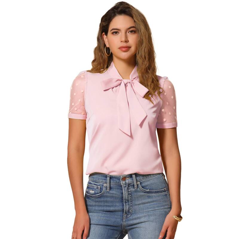 アレグラ ケー レディース トップス シャツ Vネック メッシュ ブラウス ALLEGRA K Women's Bow Tie Neck V Neck Stand Collar Short Mesh Sleeve Blouse Light Pink ピンク