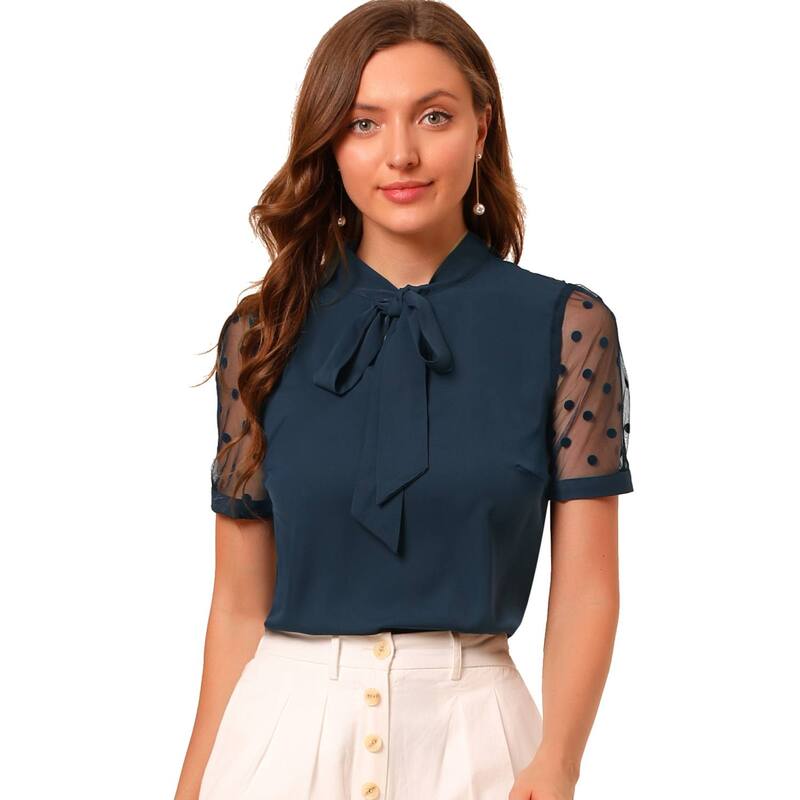 アレグラ ケー レディース トップス シャツ Vネック メッシュ ブラウス ALLEGRA K Women's Bow Tie Neck V Neck Stand Collar Short Mesh Sleeve Blouse Navy Blue ネイビー