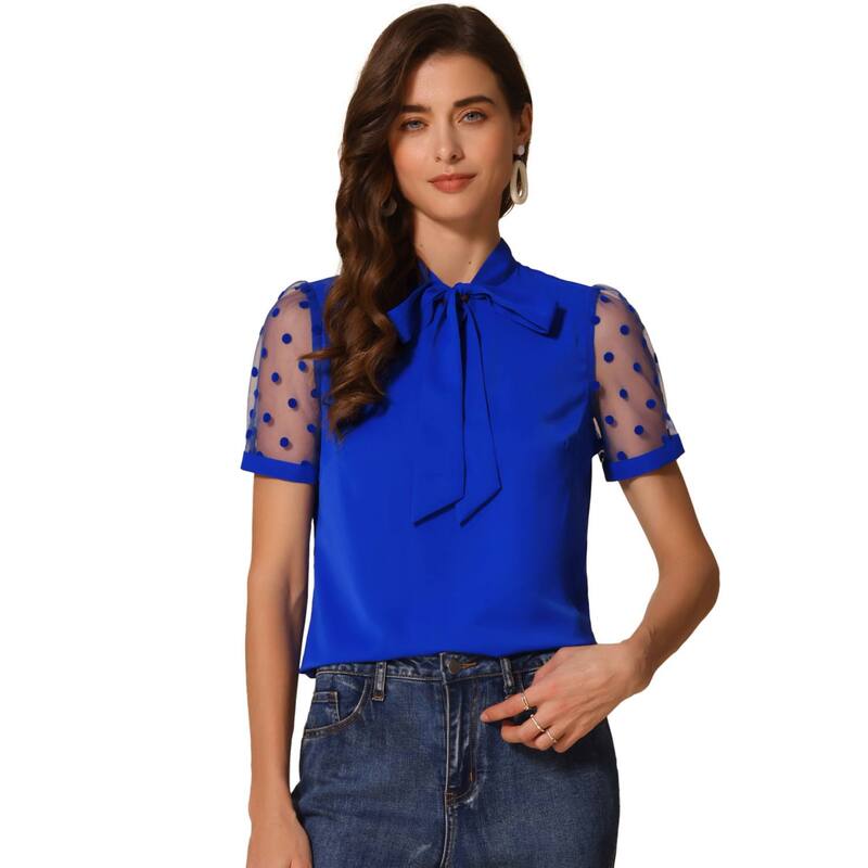 アレグラ ケー レディース トップス シャツ Vネック メッシュ ブラウス ALLEGRA K Women's Bow Tie Neck V Neck Stand Collar Short Mesh Sleeve Blouse Royal Blue ブルー