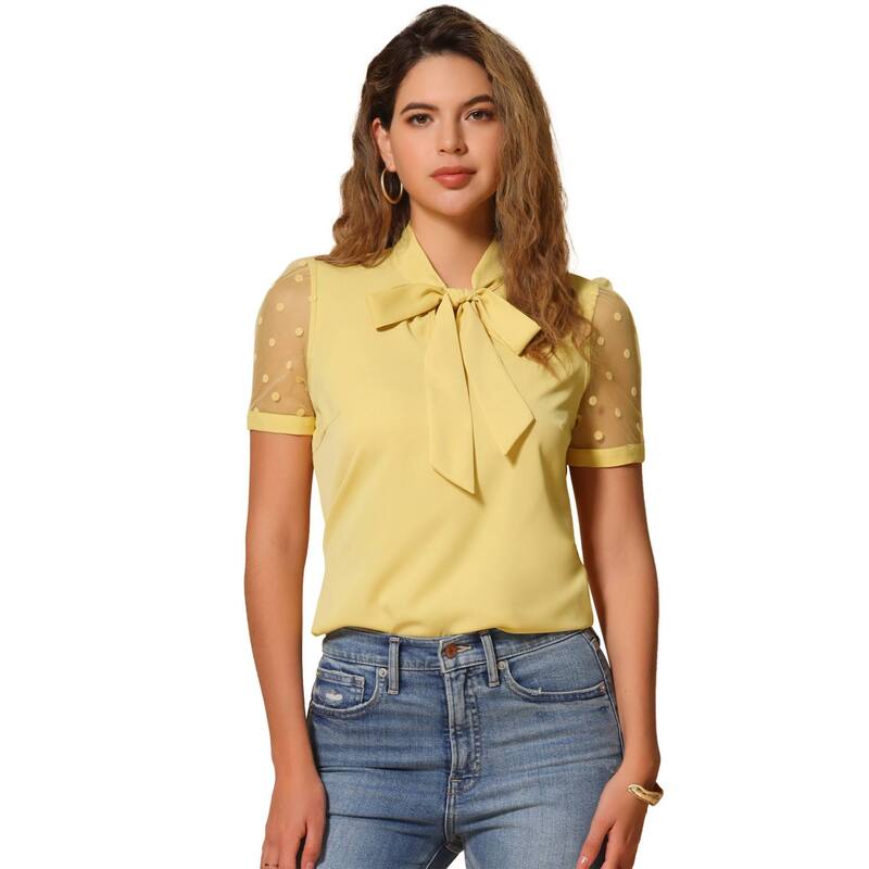 アレグラ ケー レディース トップス シャツ Vネック メッシュ ブラウス ALLEGRA K Women's Bow Tie Neck V Neck Stand Collar Short Mesh Sleeve Blouse Yellow イエロー｜ReVida 店