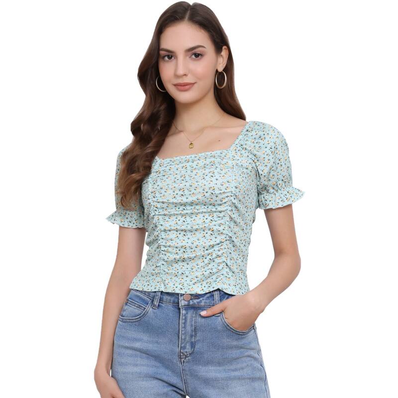アレグラ ケー レディース トップス シャツ フラワー柄 ギャザー クロップド フラワー ALLEGRA K Women's Ruched Front Short Sleeve Floral Cropped Top Cyan シアン|ReVida 店
