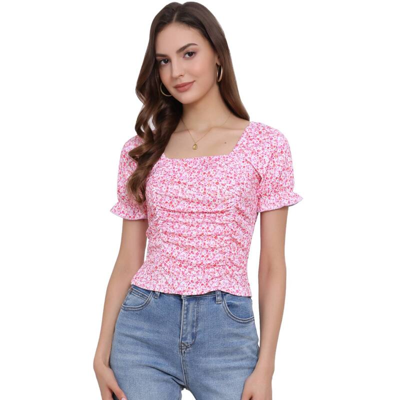 アレグラ ケー レディース トップス シャツ フラワー柄 ギャザー クロップド フラワー ALLEGRA K Women's Ruched Front Short Sleeve Floral Cropped Topink ピンク|ReVida 店
