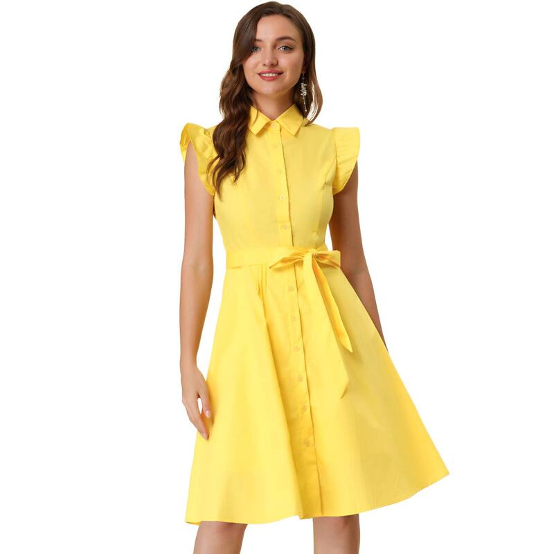 アレグラ ケー レディース トップス ワンピース ボタンダウン ひざ丈 フリル シャツ ダウン ALLEGRA K Women's Work Ruffled Sleeve Button Down Belted Knee Length Shirt Dress Yellow イエロー