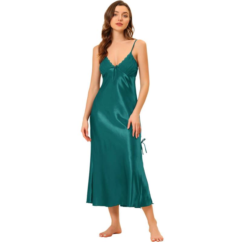 アレグラ ケー レディース アンダーウェア ナイトウェア Vネック ミディ サテン ALLEGRA K Women'satin Pajama V Neck Nightdressoft Midi Lounge Dress Peacock Green グリーン