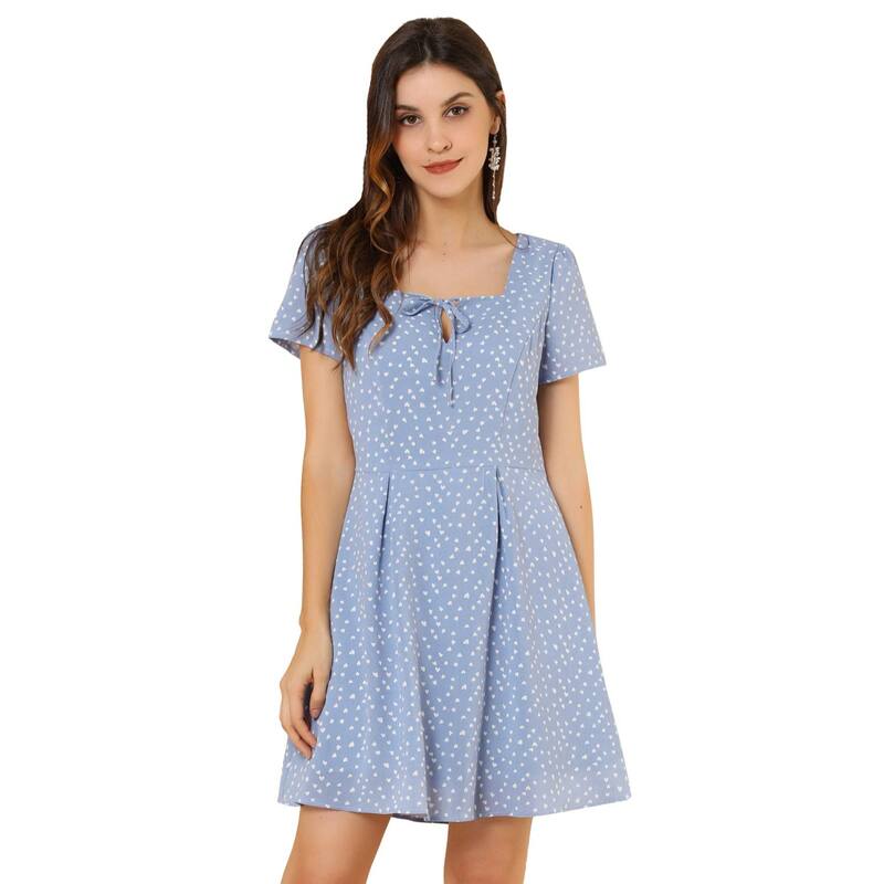アレグラ ケー レディース トップス ワンピース A ライン フラワー柄 フラワー ALLEGRA K Women Floral Square Neck Short Sleeve A-Line Prom Dress Blue Heart ブルー