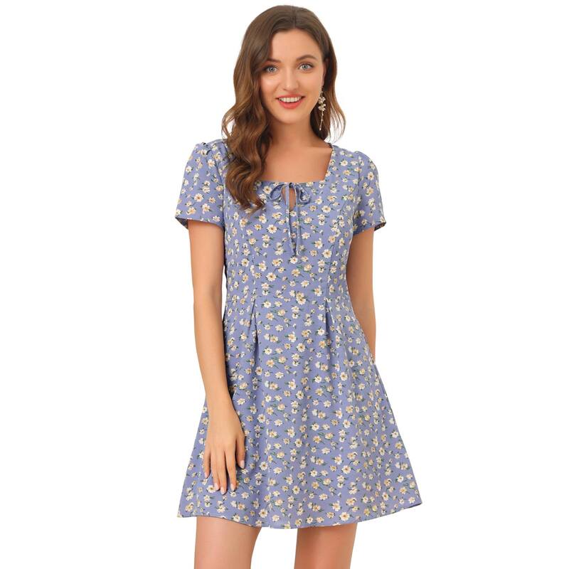 アレグラ ケー レディース トップス ワンピース A ライン フラワー柄 フラワー ALLEGRA K Women's Floral Square Neck Short Sleeve A-Line Prom Dress Purple Floral パープル|ReVida 店