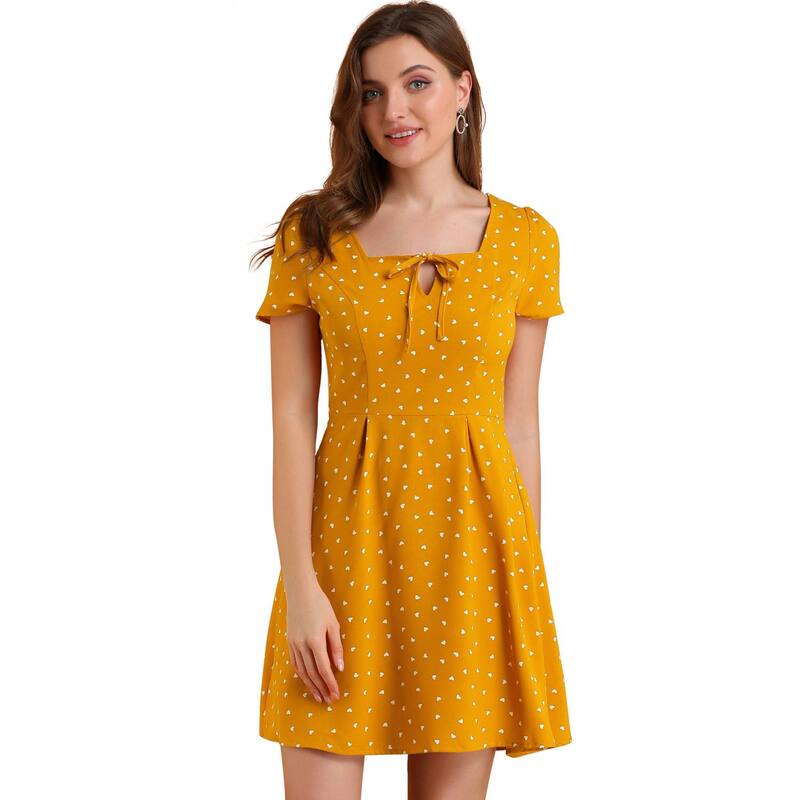 アレグラ ケー レディース トップス ワンピース A ライン フラワー柄 フラワー ALLEGRA K Women Floral Square Neck Short Sleeve A-Line Prom Dress Yellow Heart イエロー