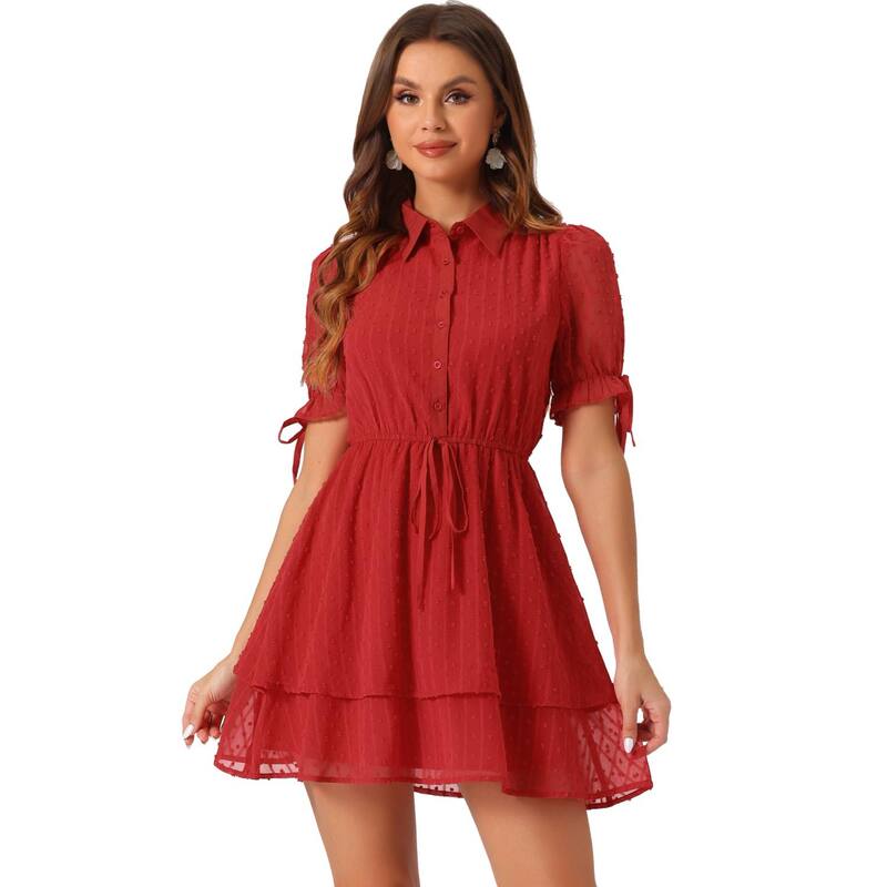 アレグラ ケー レディース トップス ワンピース ALLEGRA K Women's Collar Short Sleeve Drawstring Layeredress Red レッド|ReVida 店