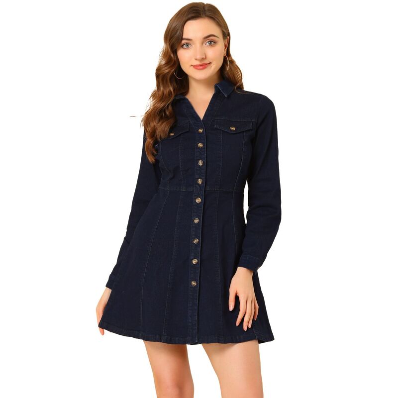 アレグラ ケー レディース トップス ワンピース Vネック シャツ デニム ALLEGRA K Women's Denim V-Neck Roll Up Sleeve Shirt Dress Denim Blue デニム|ReVida 店