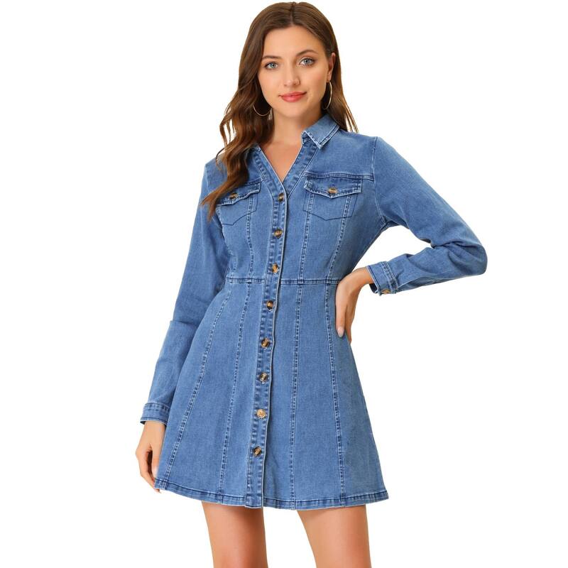 アレグラ ケー レディース トップス ワンピース Vネック シャツ デニム ALLEGRA K Women's Denim V-Neck Roll Up Sleeve Shirt Dress Light Blue ブルー｜ReVida 店 19,936円