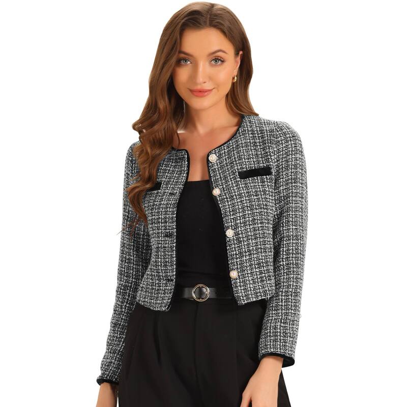アレグラ ケー レディース アウター 上衣・上衣 ツィード ALLEGRA K Tweed Jacket For Women Casual Round Neck Button Front Closure Long Sleeve Black 黒いこと