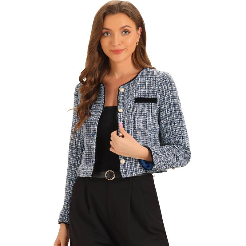 アレグラ ケー レディース アウター 上衣・上衣 ツィード ALLEGRA K Tweed Jacket For Women Casual Round Neck Button Front Closure Long Sleeve Blue White 白いこと
