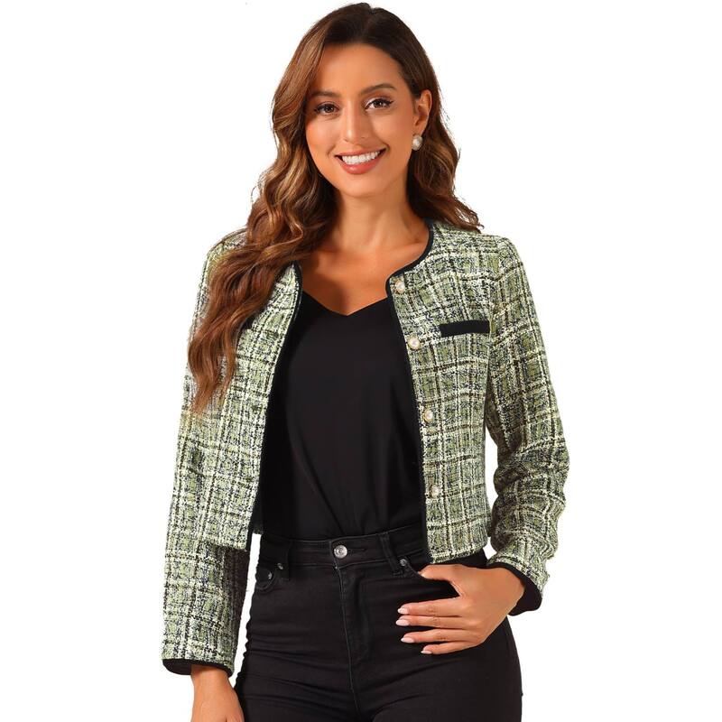 アレグラ ケー レディース アウター 上衣・上衣 ツィード ALLEGRA K Tweed Jacket For Women Casual Round Neck Button Front Closure Long Sleeve Green 緑であること
