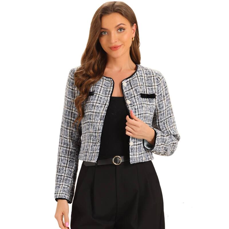 アレグラ ケー レディース アウター 上衣・上衣 ツィード ALLEGRA K Tweed Jacket For Women Casual Round Neck Button Front Closure Long Sleeve Grey Brown 薄墨色