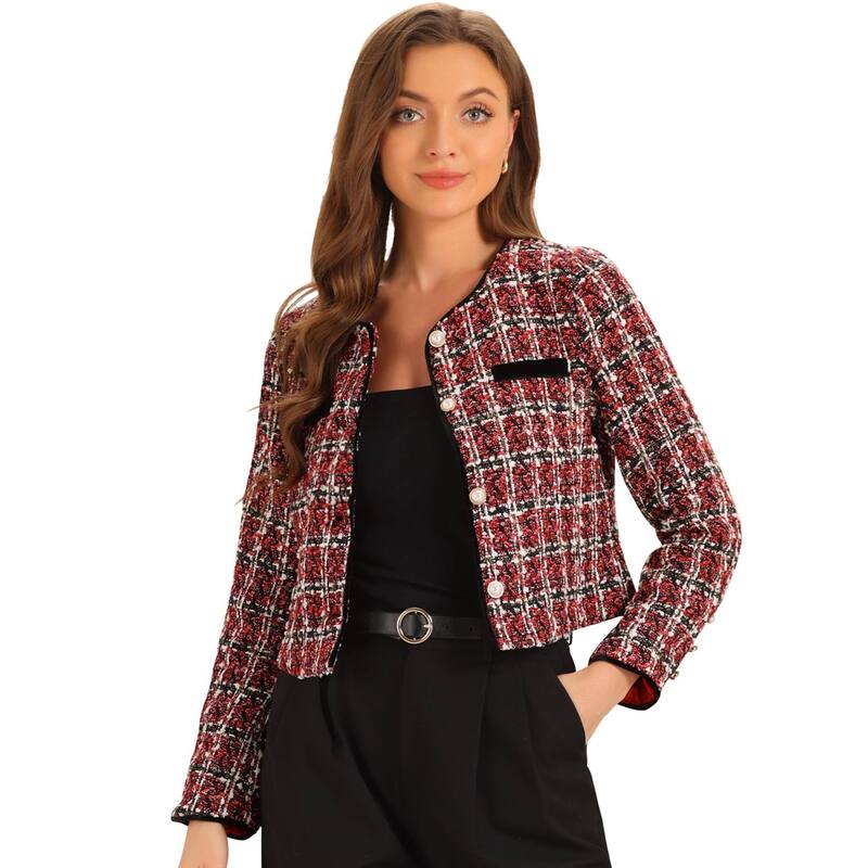 アレグラ ケー レディース アウター 上衣・上衣 ツィード ALLEGRA K Tweed Jacket For Women Casual Round Neck Button Front Closure Long Sleeve Red Black 黒いこと