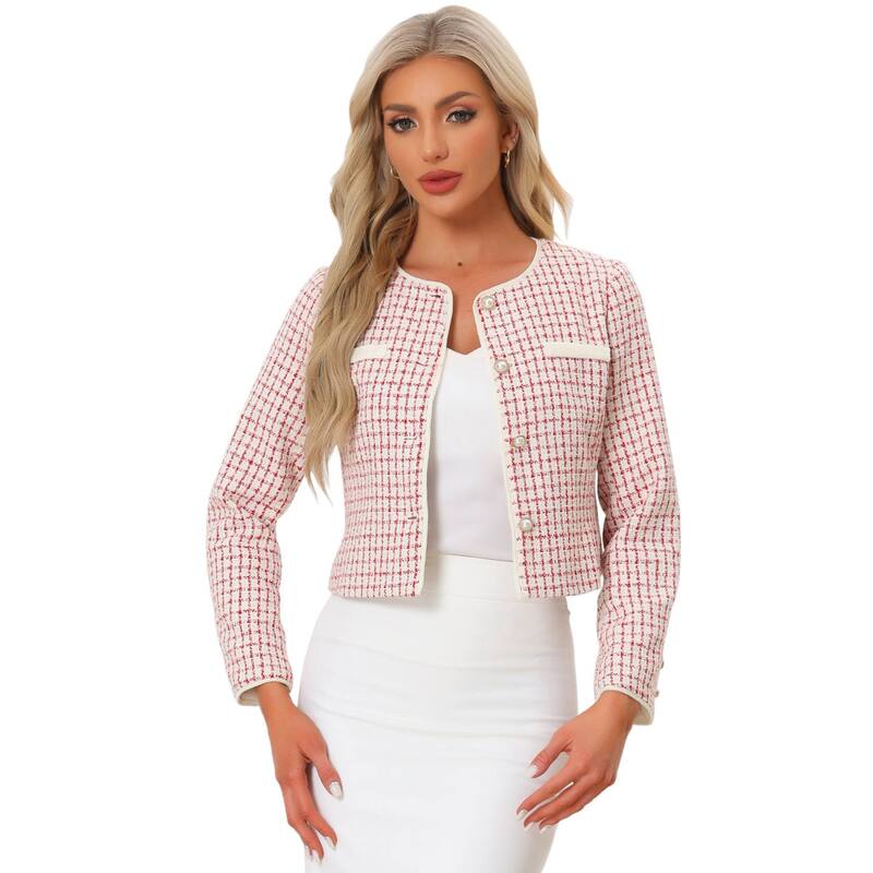 アレグラ ケー レディース アウター 上衣・上衣 ツィード ALLEGRA K Tweed Jacket For Women Casual Round Neck Button Front Closure Long Sleeve Red White 白いこと