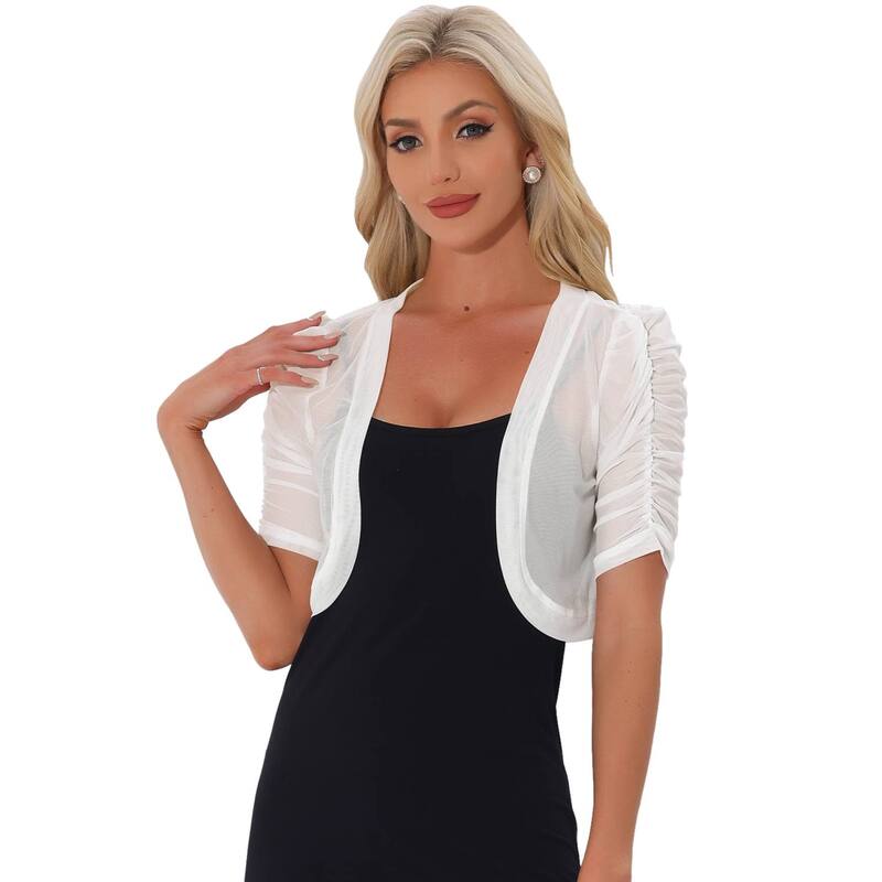 アレグラ ケー レディース アウター ニット・セーター メッシュ シアー カーディガン クロップド ALLEGRA K Casual Short Sleeve Mesheer Shrug For Women Open Front Cropped Cardigan Bolero White ホワイト