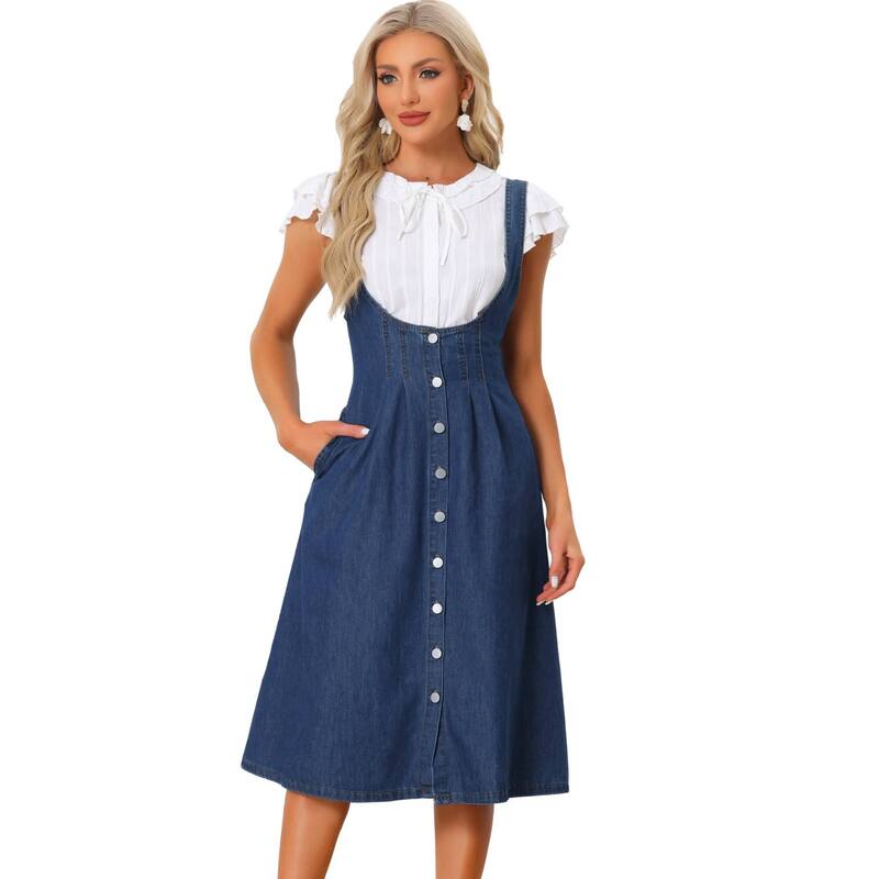 アレグラ ケー レディース トップス 衣装 midi 大層らしい櫂 ジーンズ ALLEGRA K Suspender Dress for Women\u0027s Button Front Classic U Neck Overall Denimidi Dress with Pockets Dark Blue 青色 ワンピース-レディースファッション
