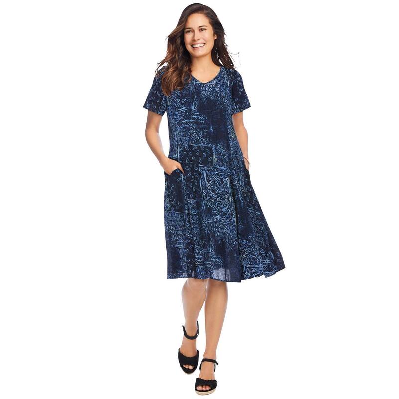 ウーマン ウィズイン レディース トップス ワンピース プラスサイズ Woman Within Plusize Short Crinkle Dress Navy Patchwork ネイビー