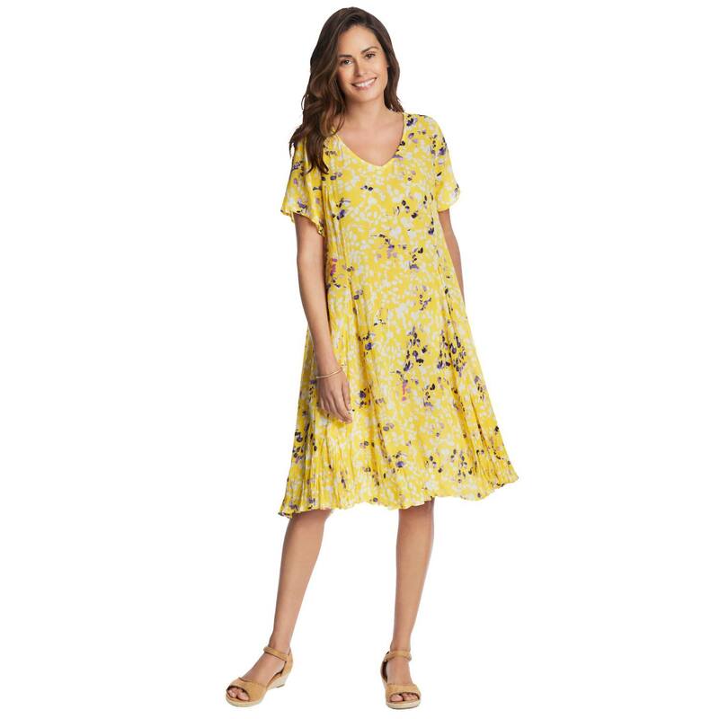 ウーマン ウィズイン レディース トップス ワンピース プラスサイズ Woman Within Plusize Short Crinkle Dress Primrose Yellow Leaf イエロー|ReVida 店