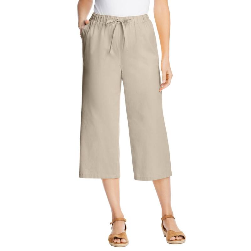 ウーマン ウィズイン レディース ボトムス カジュアルパンツ プラスサイズ デニム キャップ Woman Within Plusize Drawstring Denim Capri Natural Khaki カーキ