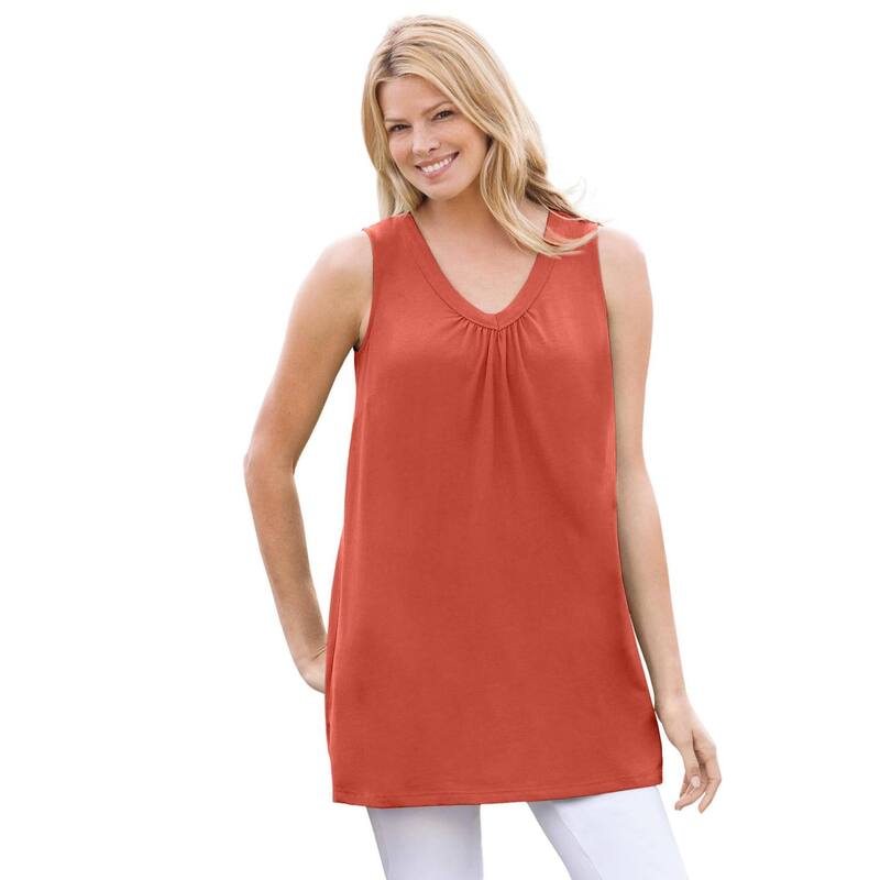 ウーマン ウィズイン レディース トップス Tシャツ Vネック プラスサイズ ノースリーブ Woman Within Plusize Perfect Sleevelesshirred V-Neck Tunic Burnt Red レッド