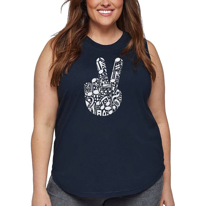 エルエーポップアート レディース トップス Tシャツ プラスサイズ LA Pop Art Peace Finger Notes - Women's Plusize Word Artank Top Navy ネイビー