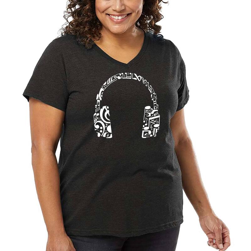 エルエーポップアート レディース トップス Tシャツ Vネック プラスサイズ LA Pop Art Women's Plusize Word Art V-Neck - Music Note Headphones Grey グレー