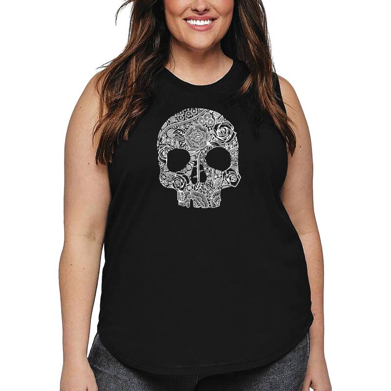 エルエーポップアート レディース トップス Tシャツ プラスサイズ LA Pop Art Women's Plusize Word Artank Top - Flower Skull Black ブラック