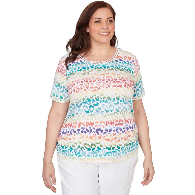 アルフレッド ダナー レディース トップス Tシャツ アニマル柄 プラスサイズ プリント ギャザー Plusize Alfredunner Beaded Neck Rainbow Animal Print Ruched T-Shirt Bright アニマル