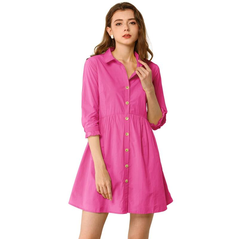 アレグラ ケー レディース トップス ワンピース ミニ シャツ ALLEGRA K Women's Casual 3/4 Sleeve Button Front Flare Mini Shirt Dress Fuchsia フューシャ