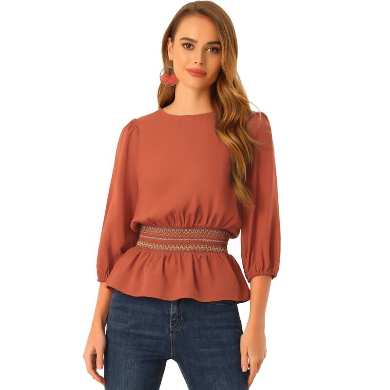 アレグラ ケー レディース トップス シャツ シャーリング ブラウス ALLEGRA K Peplum Top For Women Half Sleeve Smocked Waist Blouse Orange オレンジ