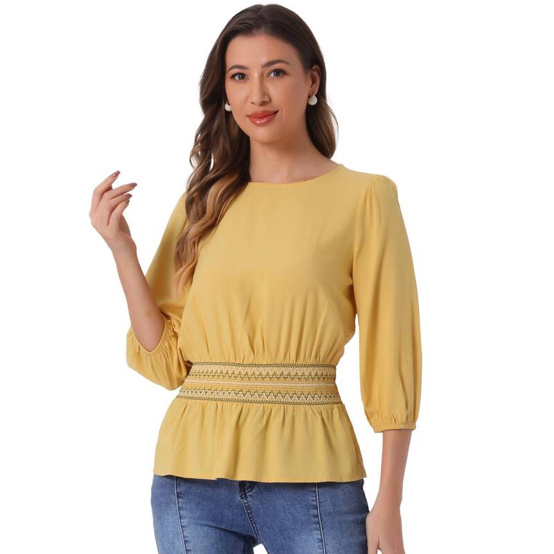 アレグラ ケー レディース トップス シャツ シャーリング ブラウス ALLEGRA K Peplum Top For Women Half Sleeve Smocked Waist Blouse Yellow イエロー