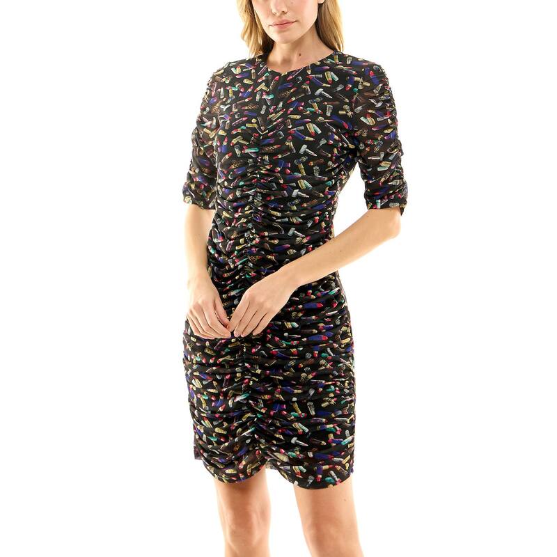 ニコルミラー レディース トップス ワンピース プリント メッシュ Women\'s Nicole Miller Printed Shirred Mesh Dress Lipstick Print｜ReVida 店