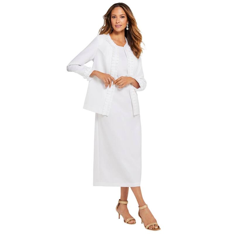 ロアマンズ レディース トップス 衣装 付け加える大いさ 筋目 上衣 Roaman\u0027s Women\u0027s Plusize Long Sleeve Pleated Jacket Dresset Elegant 2-Piece Sheath Suit White 白いこと ワンピース-レディースファッション