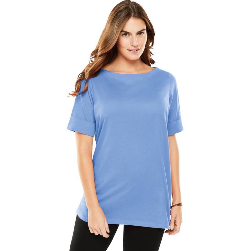ウーマン ウィズイン レディース トップス Tシャツ プラスサイズ Woman Within Plusize Perfect Cuffed Elbow-Sleeve Boat-Neck Tee French Blue ブルー