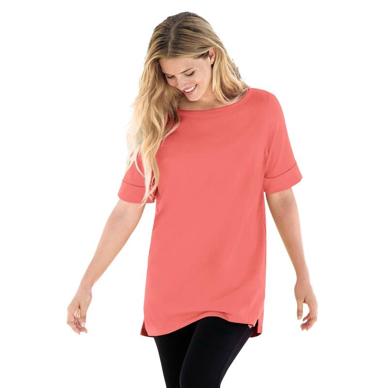 ウーマン ウィズイン レディース トップス Tシャツ プラスサイズ Woman Within Plusize Perfect Cuffed Elbow-Sleeve Boat-Neck Tee Sweet Coral コーラル